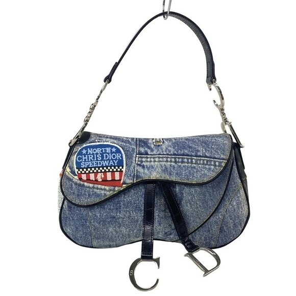 Auth DIOR/ChristianDior Double Saddle Bag Blue Red Multi Canvas Leather Handbag - Picture 1 of 15